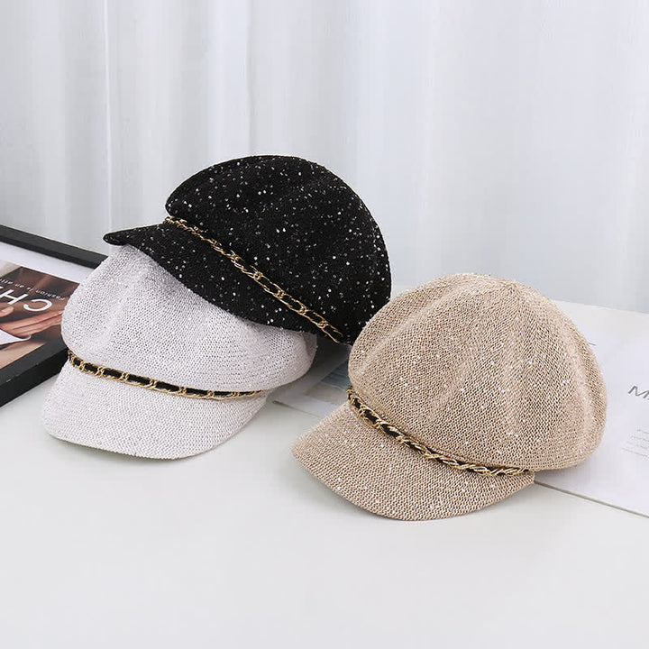 Béret octogonal en paille à paillettes et chaîne dorée pour femme