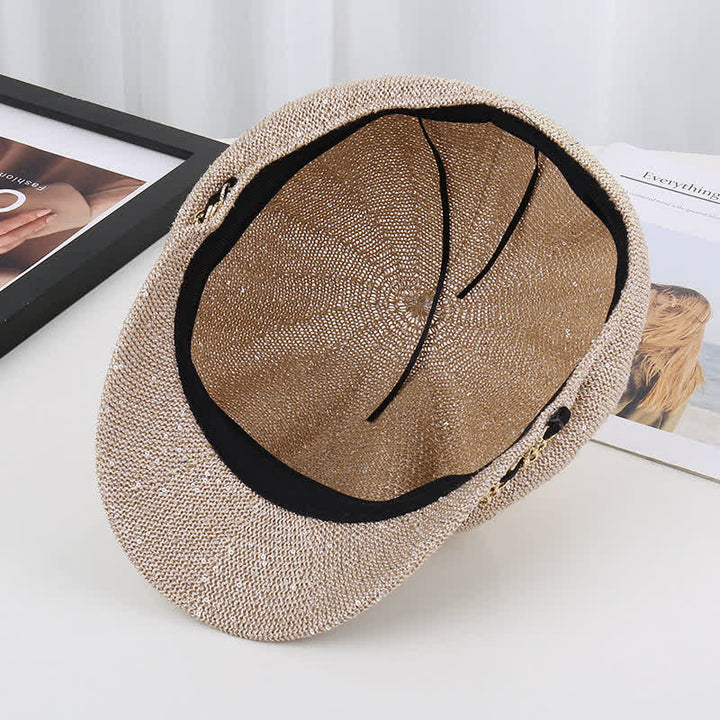 Béret octogonal en paille à paillettes et chaîne dorée pour femme