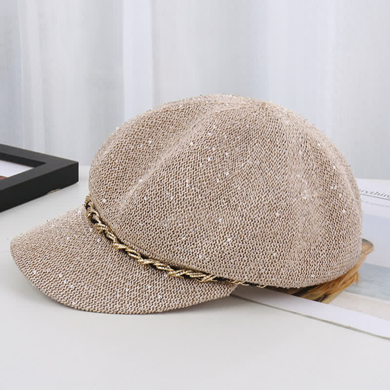 Béret octogonal en paille à paillettes et chaîne dorée pour femme
