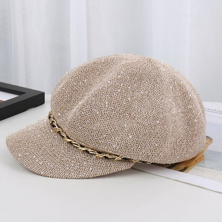 Béret octogonal en paille à paillettes et chaîne dorée pour femme