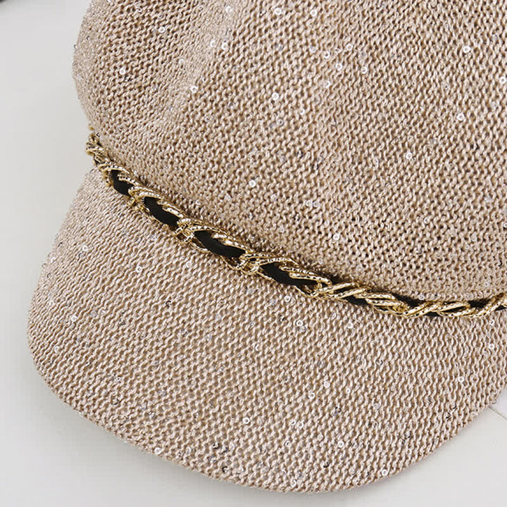 Béret octogonal en paille à paillettes et chaîne dorée pour femme