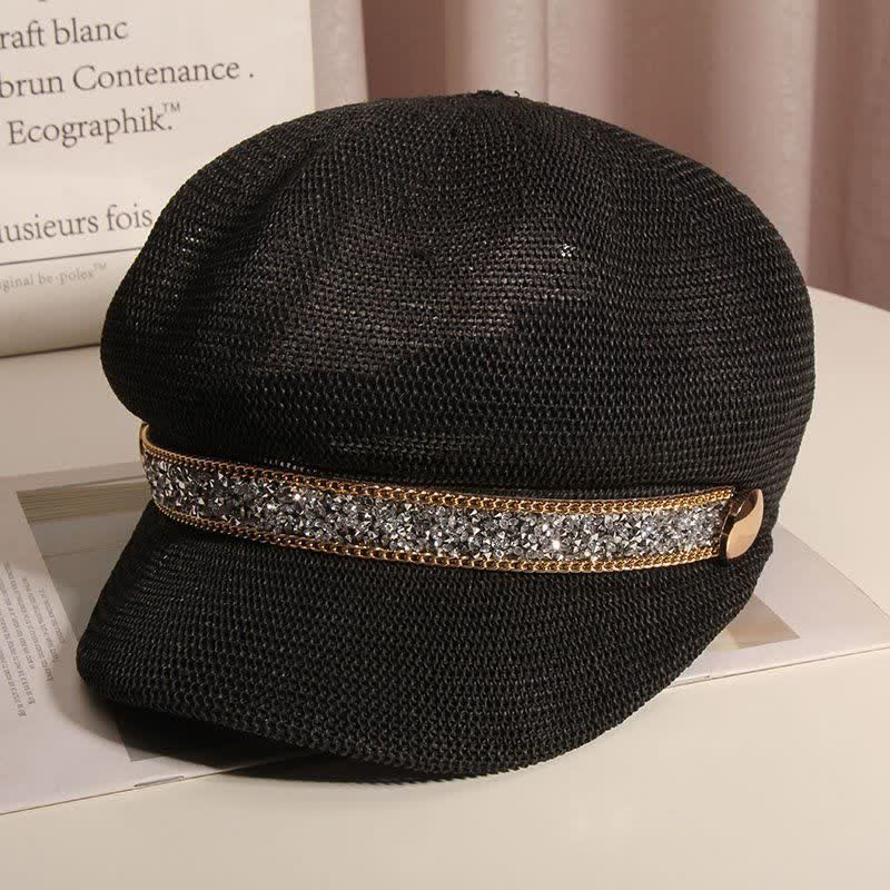 Béret chic en paille avec chaîne dorée et strass argentés pour femme
