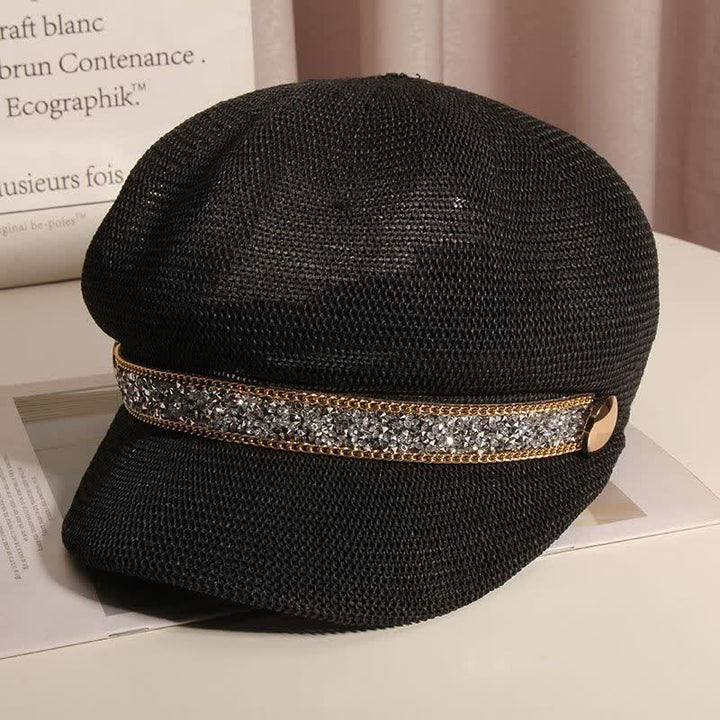 Béret chic en paille avec chaîne dorée et strass argentés pour femme