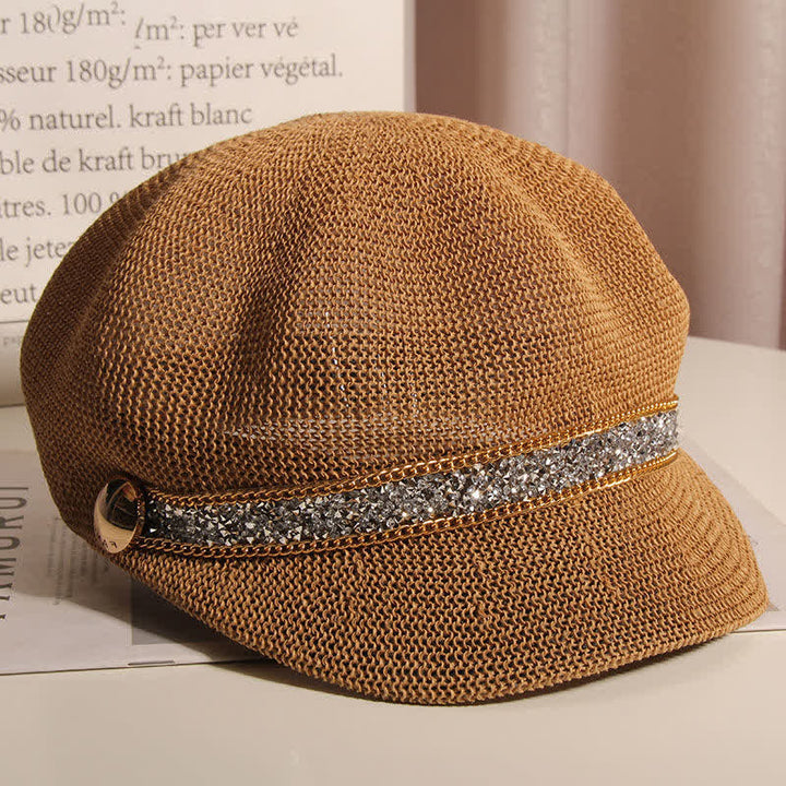 Béret chic en paille avec chaîne dorée et strass argentés pour femme