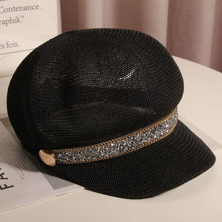 Béret chic en paille avec chaîne dorée et strass argentés pour femme