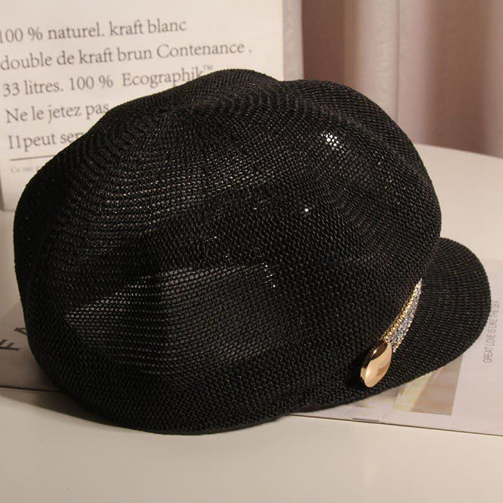 Béret chic en paille avec chaîne dorée et strass argentés pour femme