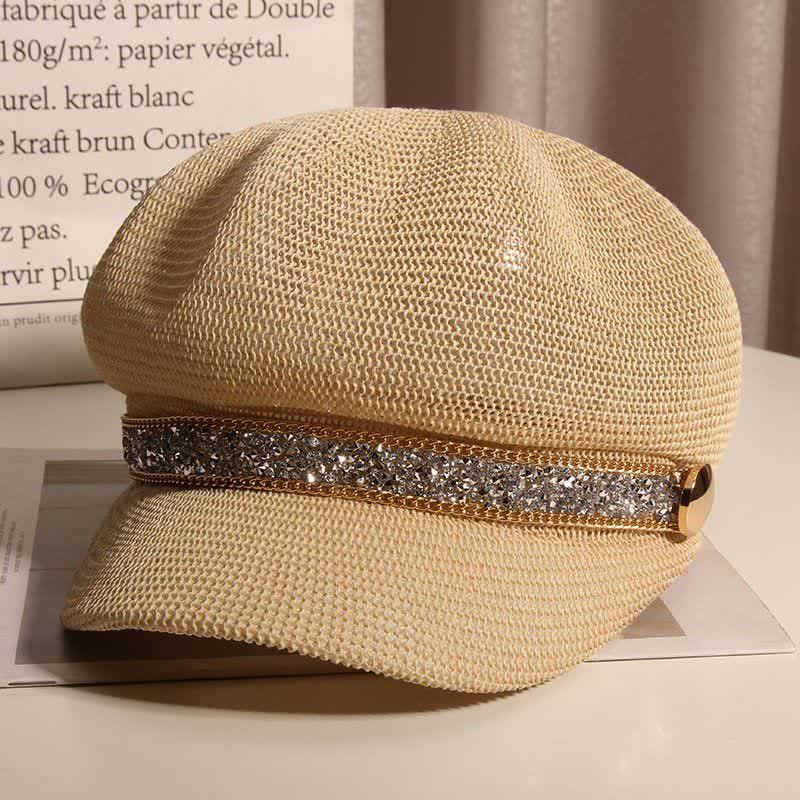 Béret chic en paille avec chaîne dorée et strass argentés pour femme