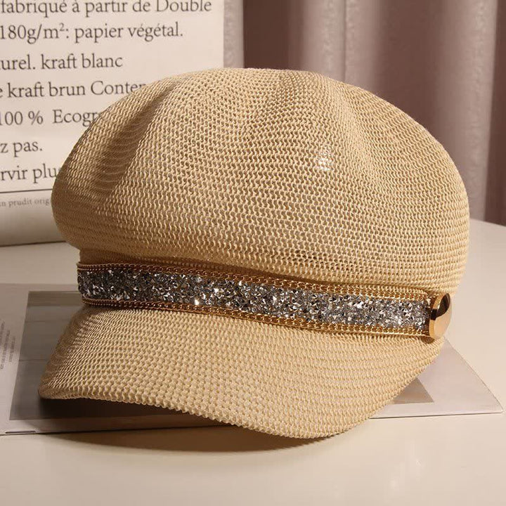 Béret chic en paille avec chaîne dorée et strass argentés pour femme