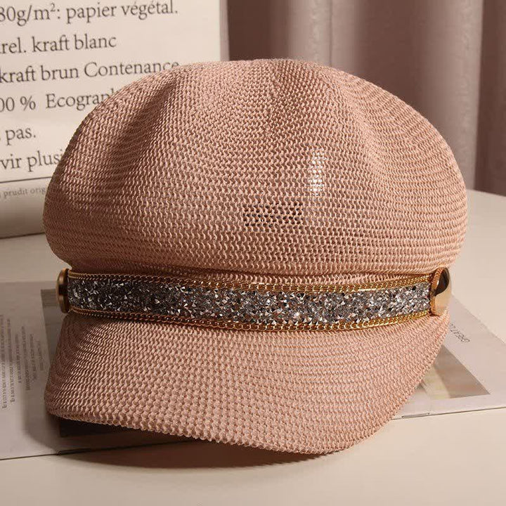 Béret chic en paille avec chaîne dorée et strass argentés pour femme