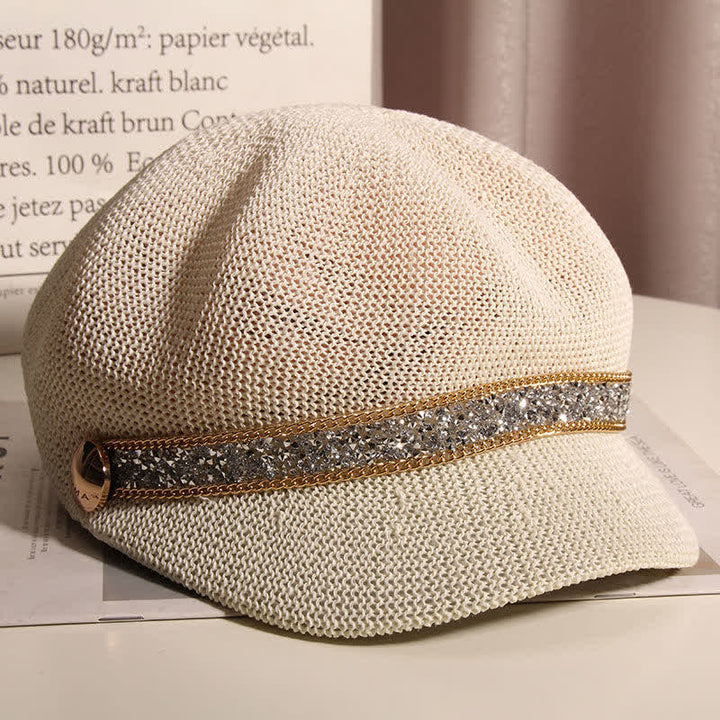 Béret chic en paille avec chaîne dorée et strass argentés pour femme