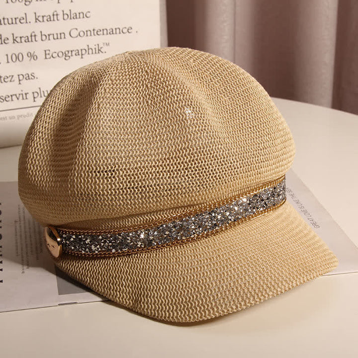 Béret chic en paille avec chaîne dorée et strass argentés pour femme