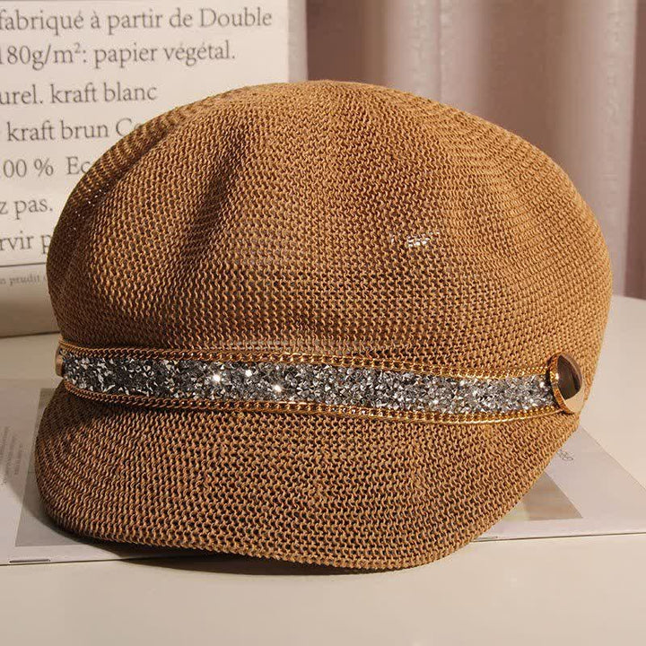 Béret chic en paille avec chaîne dorée et strass argentés pour femme