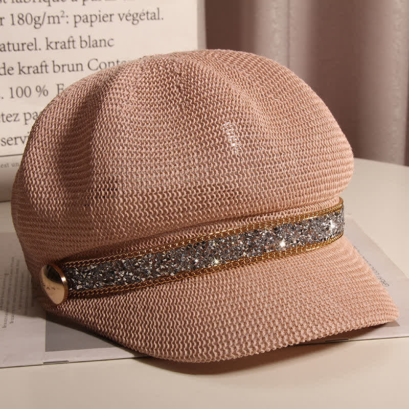 Béret chic en paille avec chaîne dorée et strass argentés pour femme