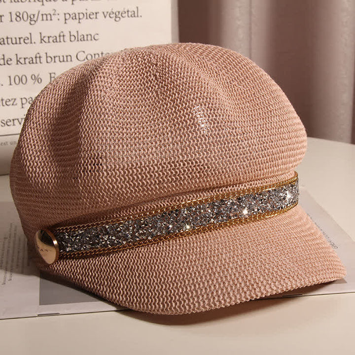 Béret chic en paille avec chaîne dorée et strass argentés pour femme