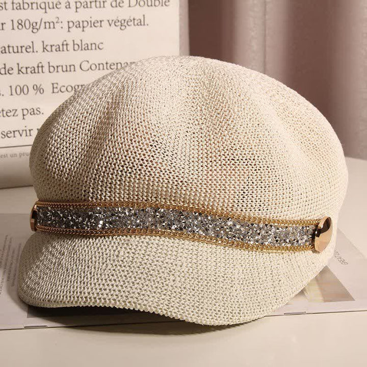 Béret chic en paille avec chaîne dorée et strass argentés pour femme