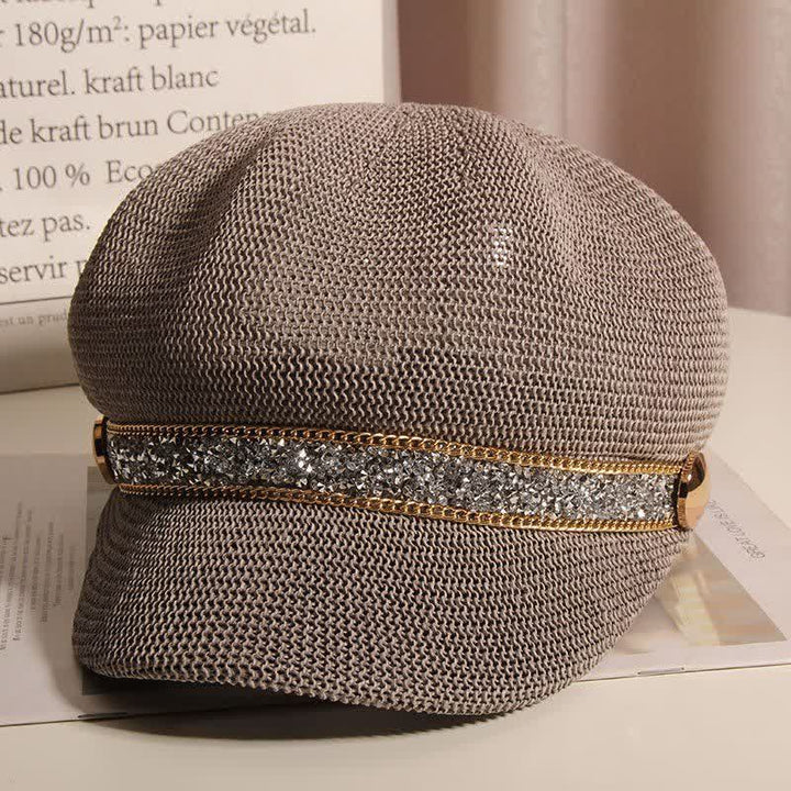 Béret chic en paille avec chaîne dorée et strass argentés pour femme