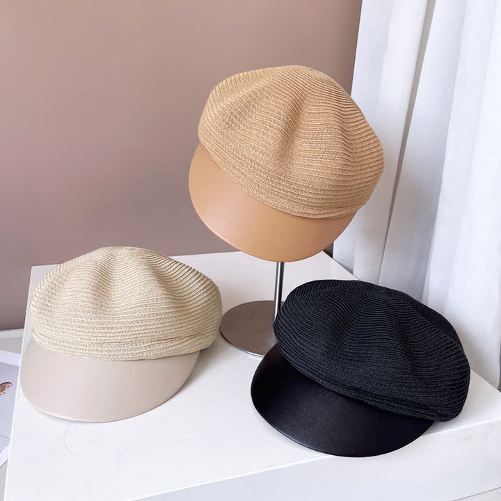Béret en paille à bord en similicuir pour femme