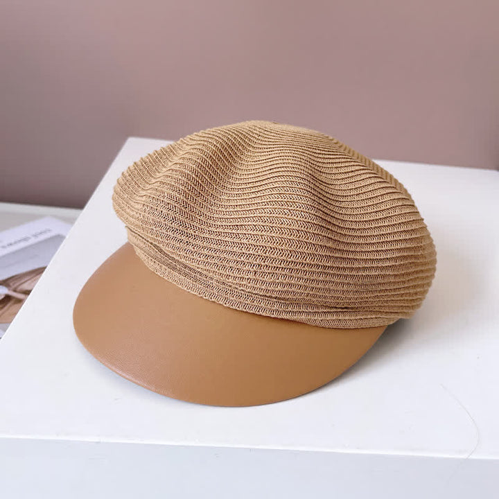 Béret en paille à bord en similicuir pour femme