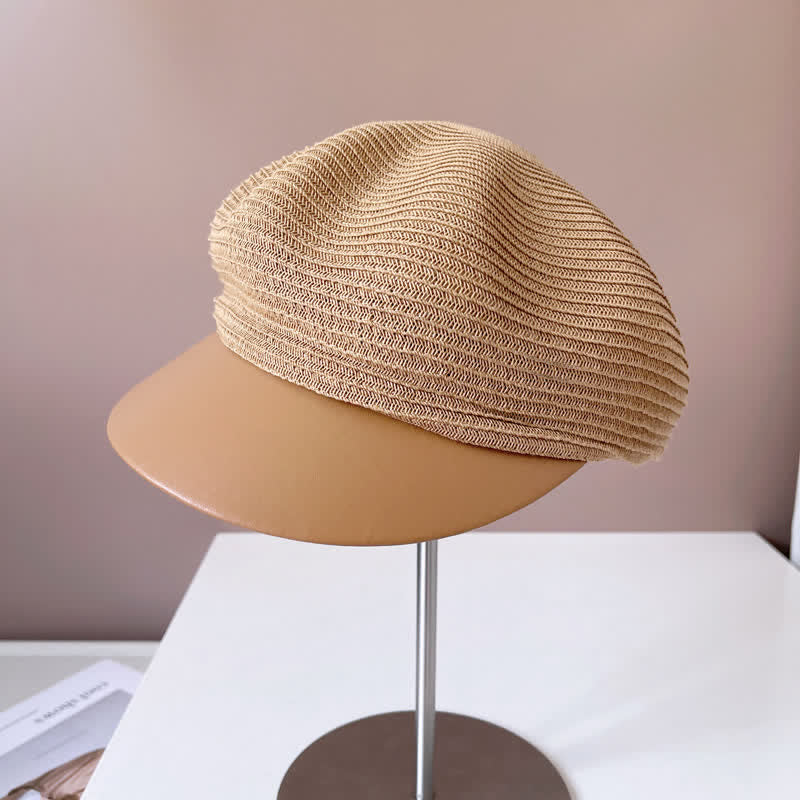 Béret en paille à bord en similicuir pour femme