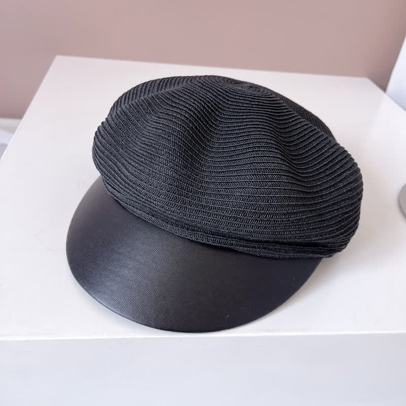 Béret en paille à bord en similicuir pour femme