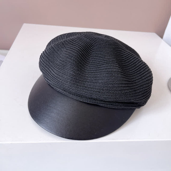 Béret en paille à bord en similicuir pour femme