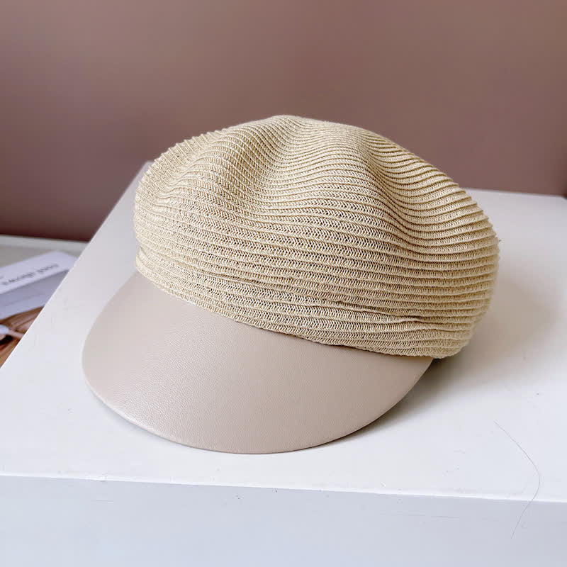 Béret en paille à bord en similicuir pour femme
