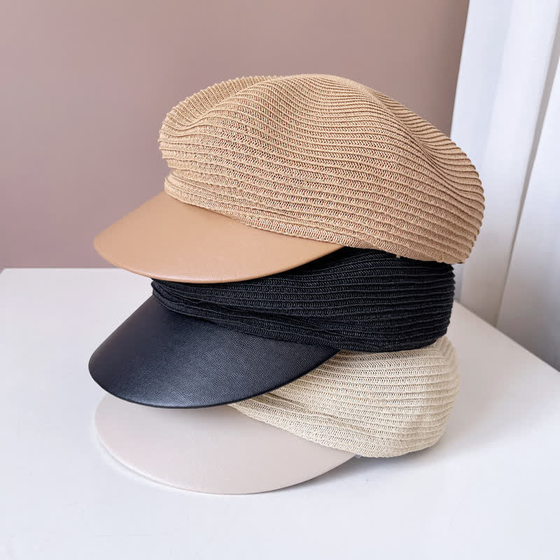Béret en paille à bord en similicuir pour femme