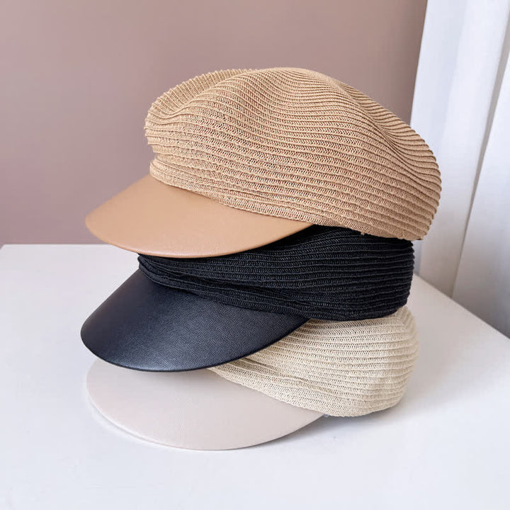 Béret en paille à bord en similicuir pour femme