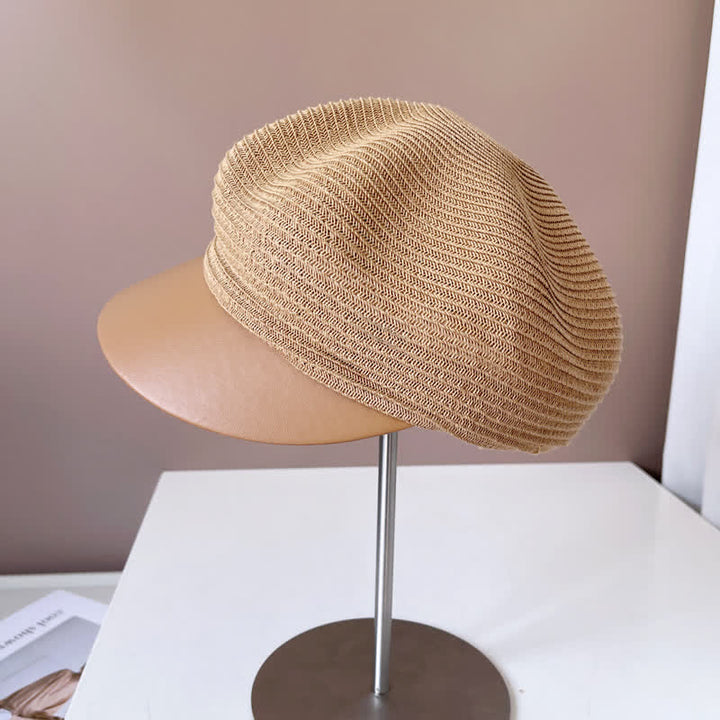 Béret en paille à bord en similicuir pour femme