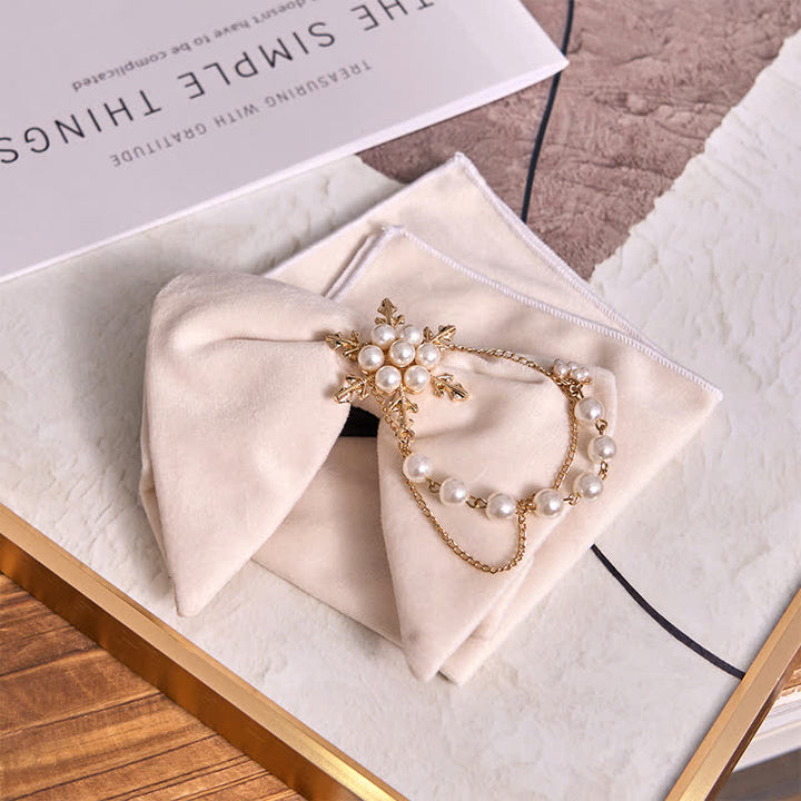 Pochette de costume en velours avec nœud papillon et chaîne de perles pour homme