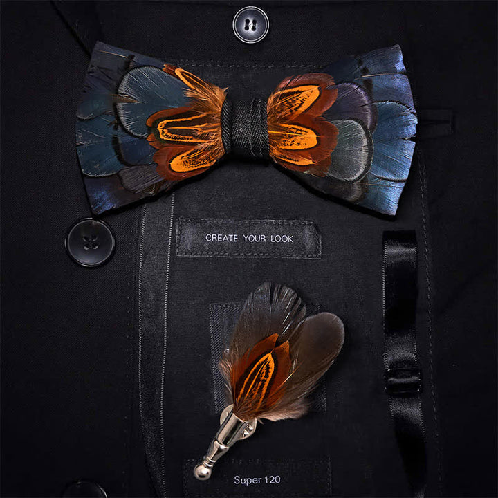 Nœud papillon à plumes bleu marine et rouille pour enfant avec épingle à revers