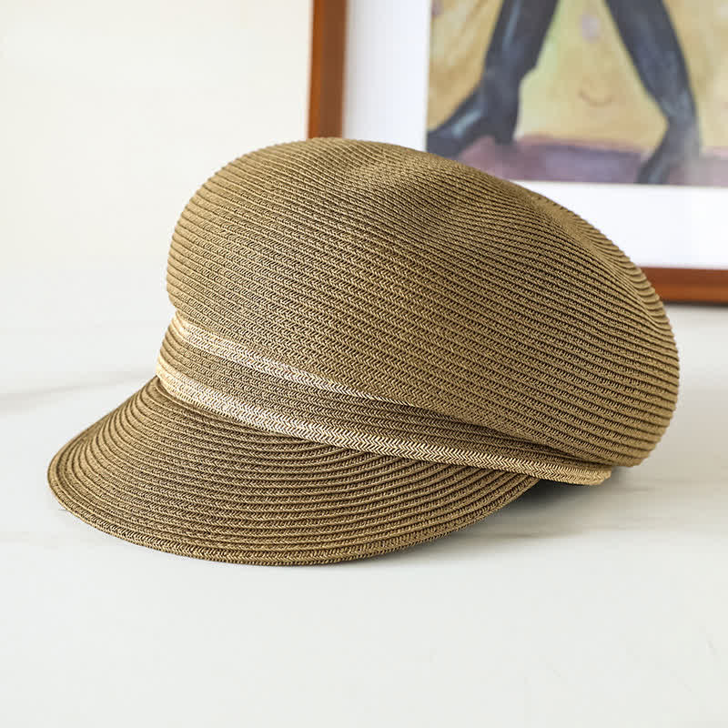 Chapeau de gavroche rayé classique pour femme, en paille tissée, style plage. - Kaki foncé - Réglable (21 5/8"-22 7/8") - image 4