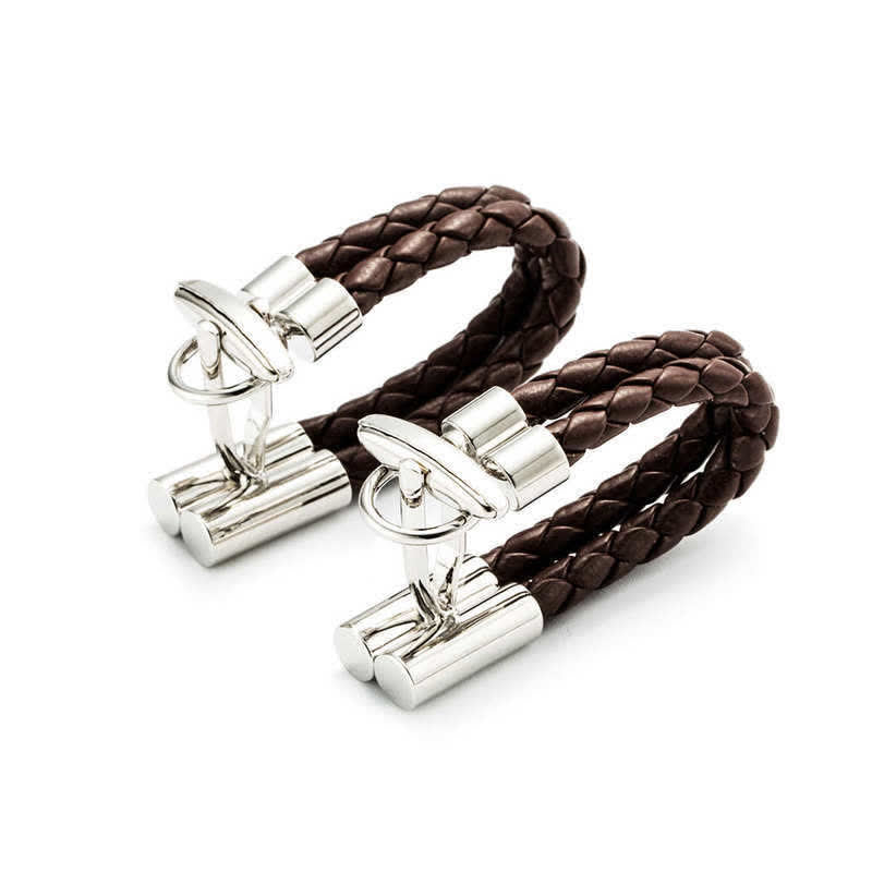 Paire de boutons de manchette en cuir tressé marron pour homme - image 3