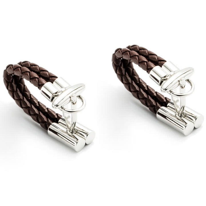 Paire de boutons de manchette en cuir tressé marron pour homme - image 2