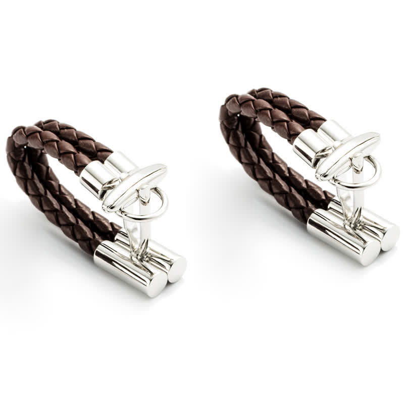 Paire de boutons de manchette en cuir tressé marron pour homme - image 2