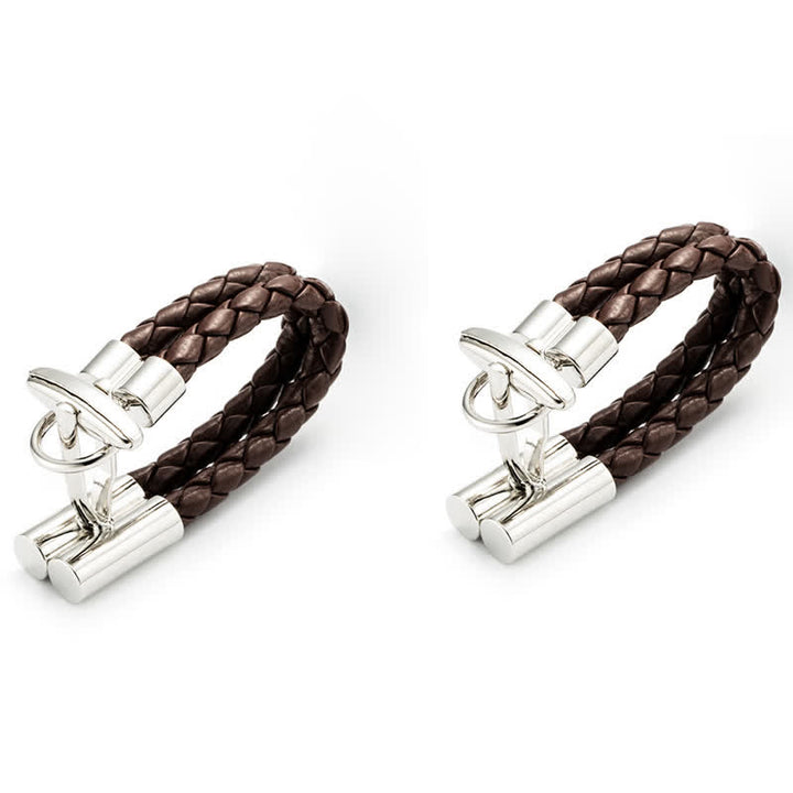 Paire de boutons de manchette en cuir tressé marron pour homme