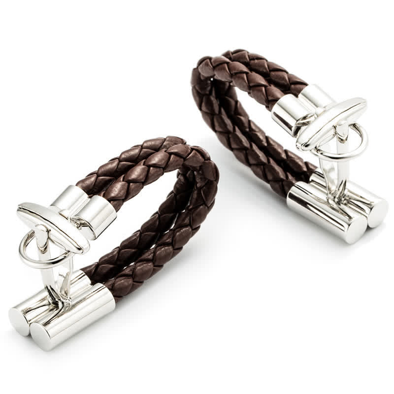 Paire de boutons de manchette en cuir tressé marron pour homme - Brun - image 0