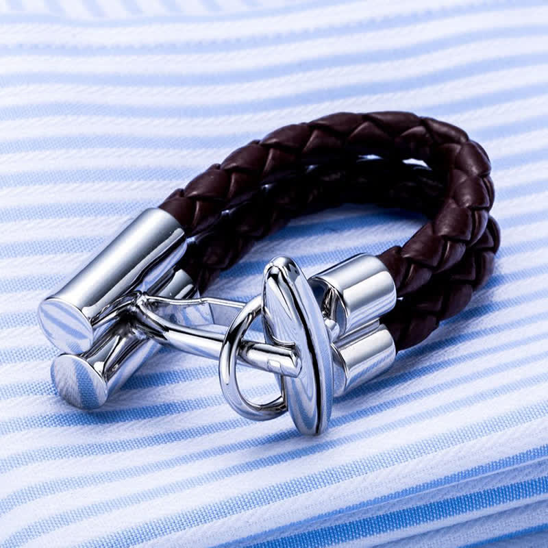 Paire de boutons de manchette en cuir tressé marron pour homme - image 1