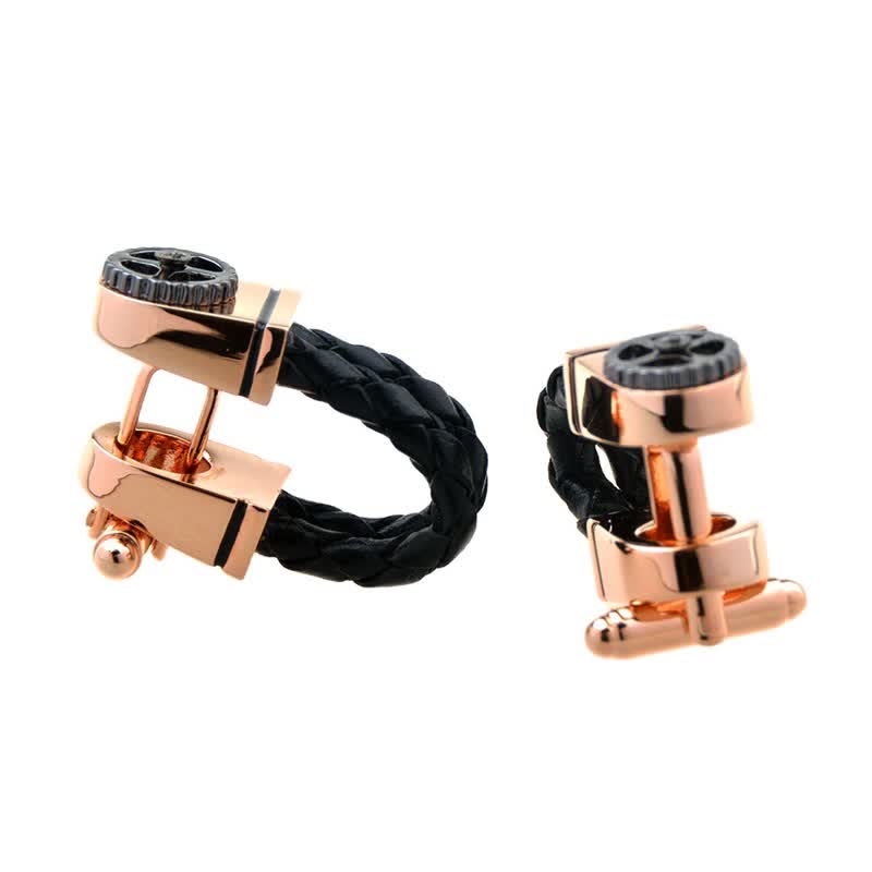 Paire de boutons de manchette en cuir tressé or rose pour homme - Noir - image 0