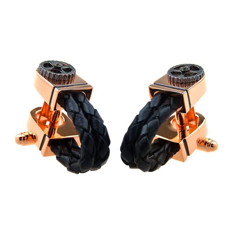 Paire de boutons de manchette en cuir tressé or rose pour homme - image 3