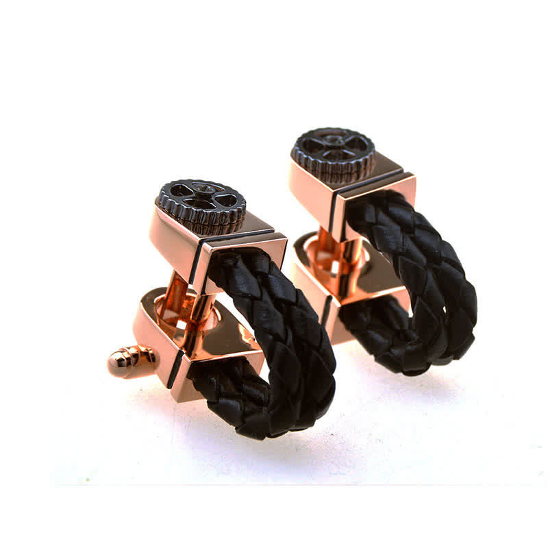 Paire de boutons de manchette en cuir tressé or rose pour homme - image 1