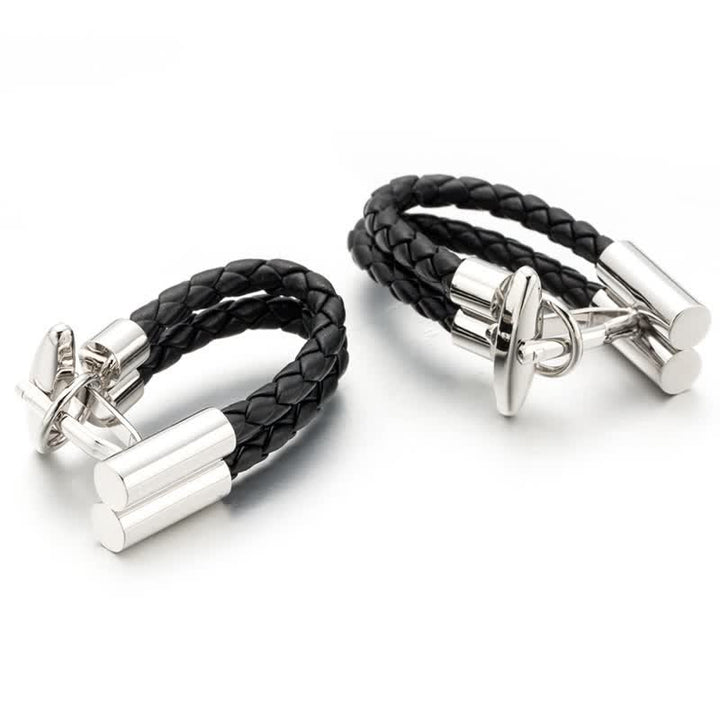 Paire de boutons de manchette en cuir tressé noir pour homme, motif bouton tricoté