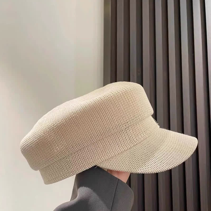 Béret octogonal en lin et paille de couleur unie pour femme