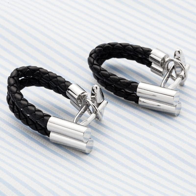 Paire de boutons de manchette en cuir tressé noir pour homme, motif bouton tricoté