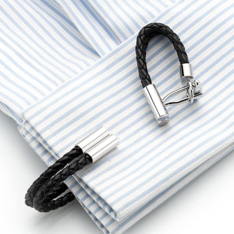 Paire de boutons de manchette en cuir tressé noir pour homme, motif bouton tricoté - image 2