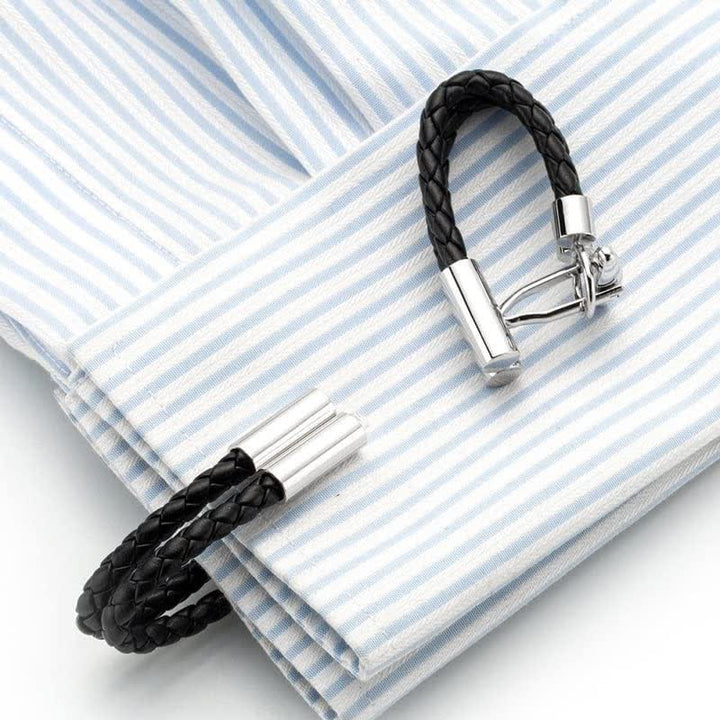 Paire de boutons de manchette en cuir tressé noir pour homme, motif bouton tricoté - image 2