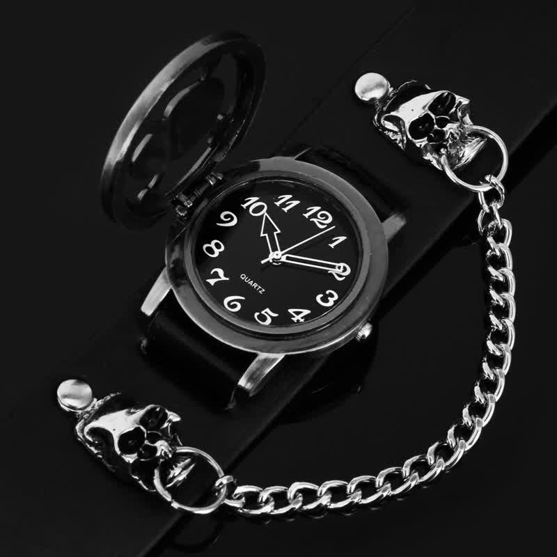 Montre homme Rock Silver River en cuir avec chaîne et cache tête de mort