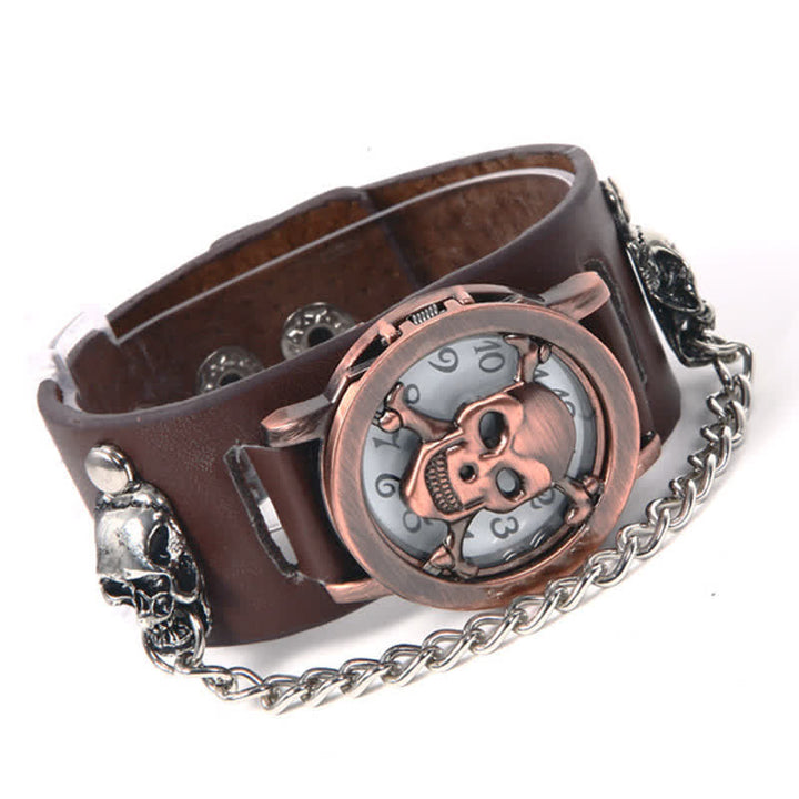Montre homme Rock Silver River en cuir avec chaîne et cache tête de mort