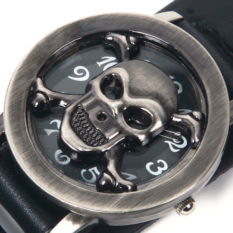 Montre homme Rock Silver River en cuir avec chaîne et cache tête de mort