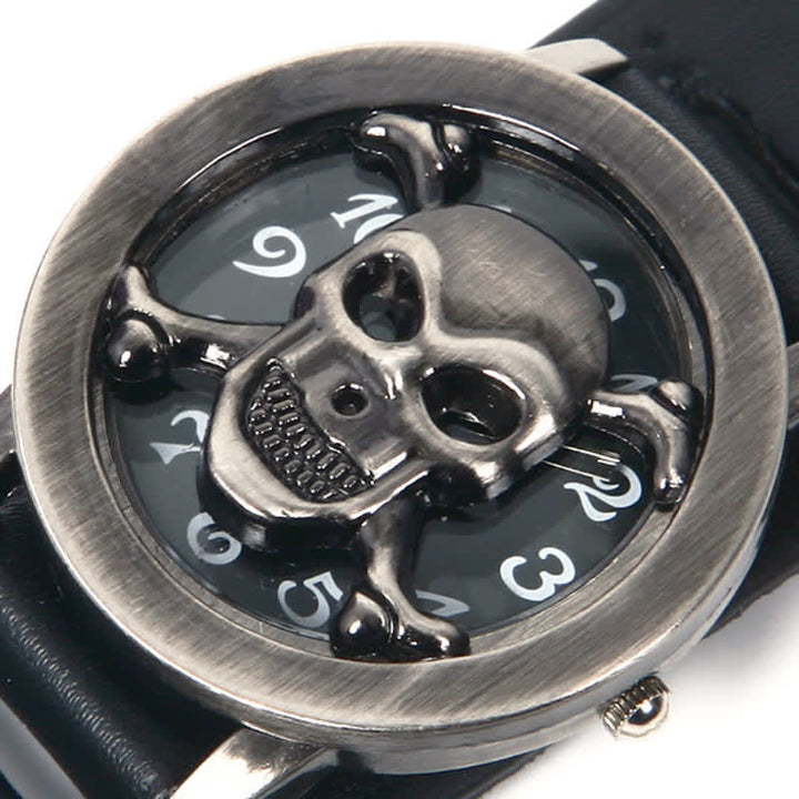 Montre homme Rock Silver River en cuir avec chaîne et cache tête de mort